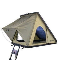 LD TMON Clamshel Aluminum Hard Shell Roof Top Tent - 2 Person Capacity, Tan Body & Green Rainfly